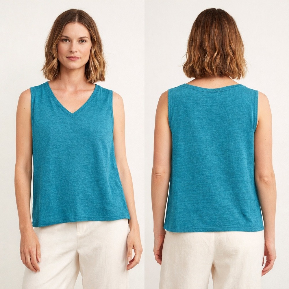 Eileen Fisher Organic Linen V-Neck Tank Top‎ Teal Blue S5IZ1-T6005M XS
